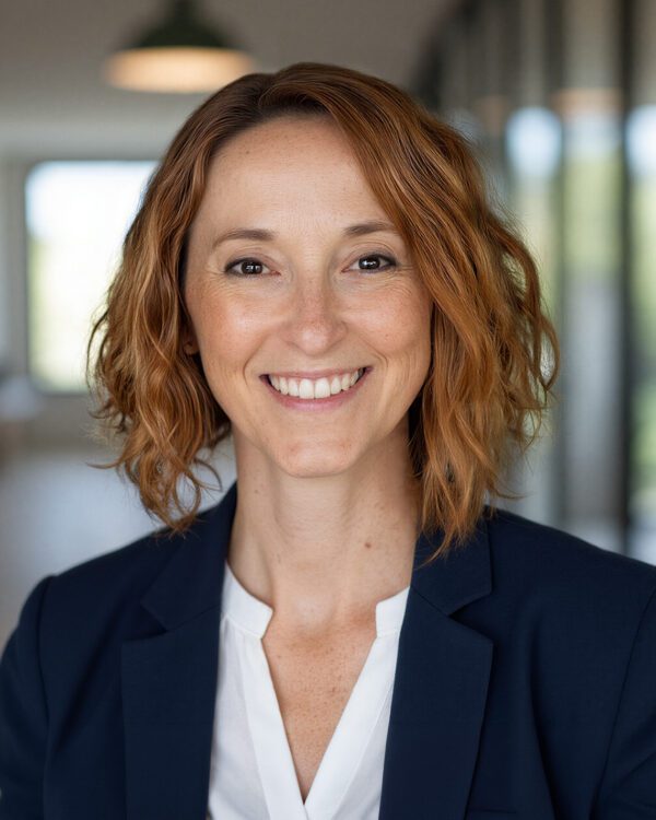 woman in business attire with red/blonde hair smiling inside an office