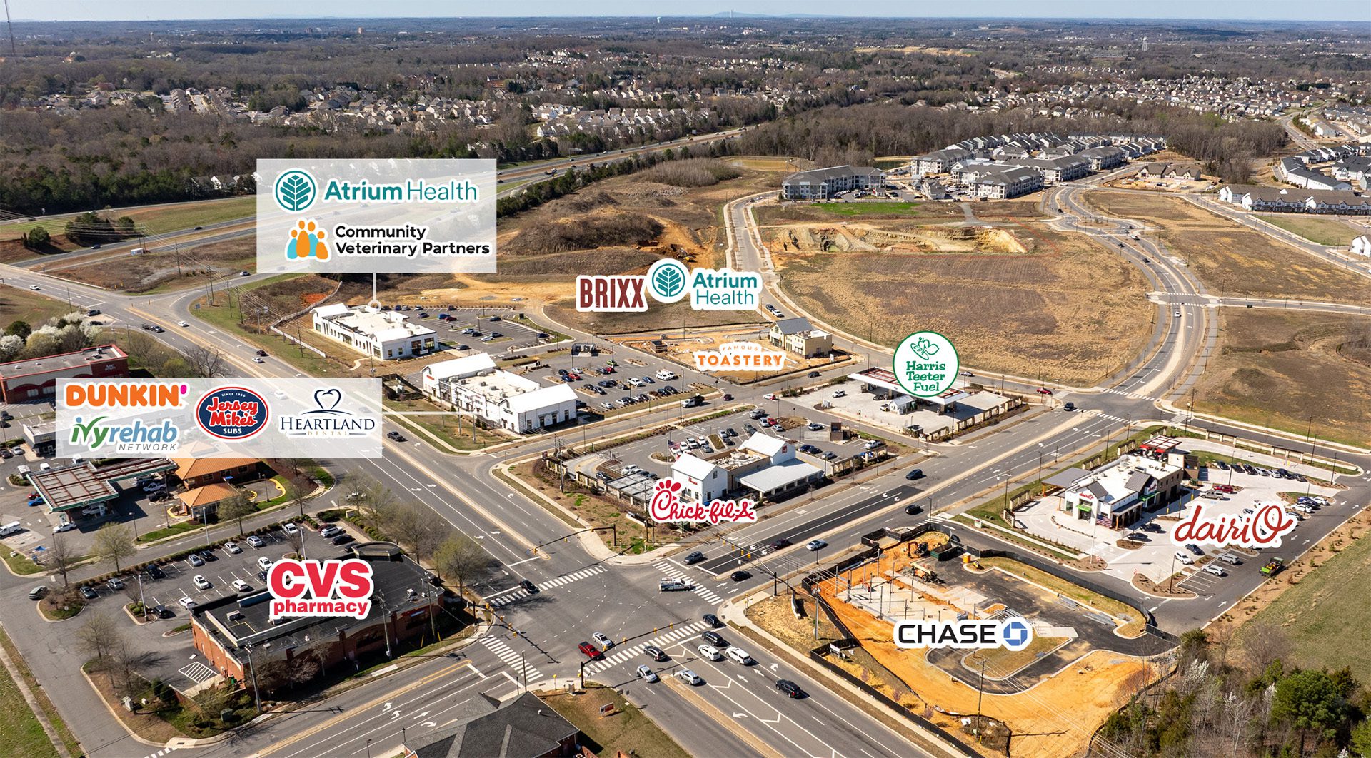 aerial and labeled retail at Farmington in Harrisburg/Charlotte
