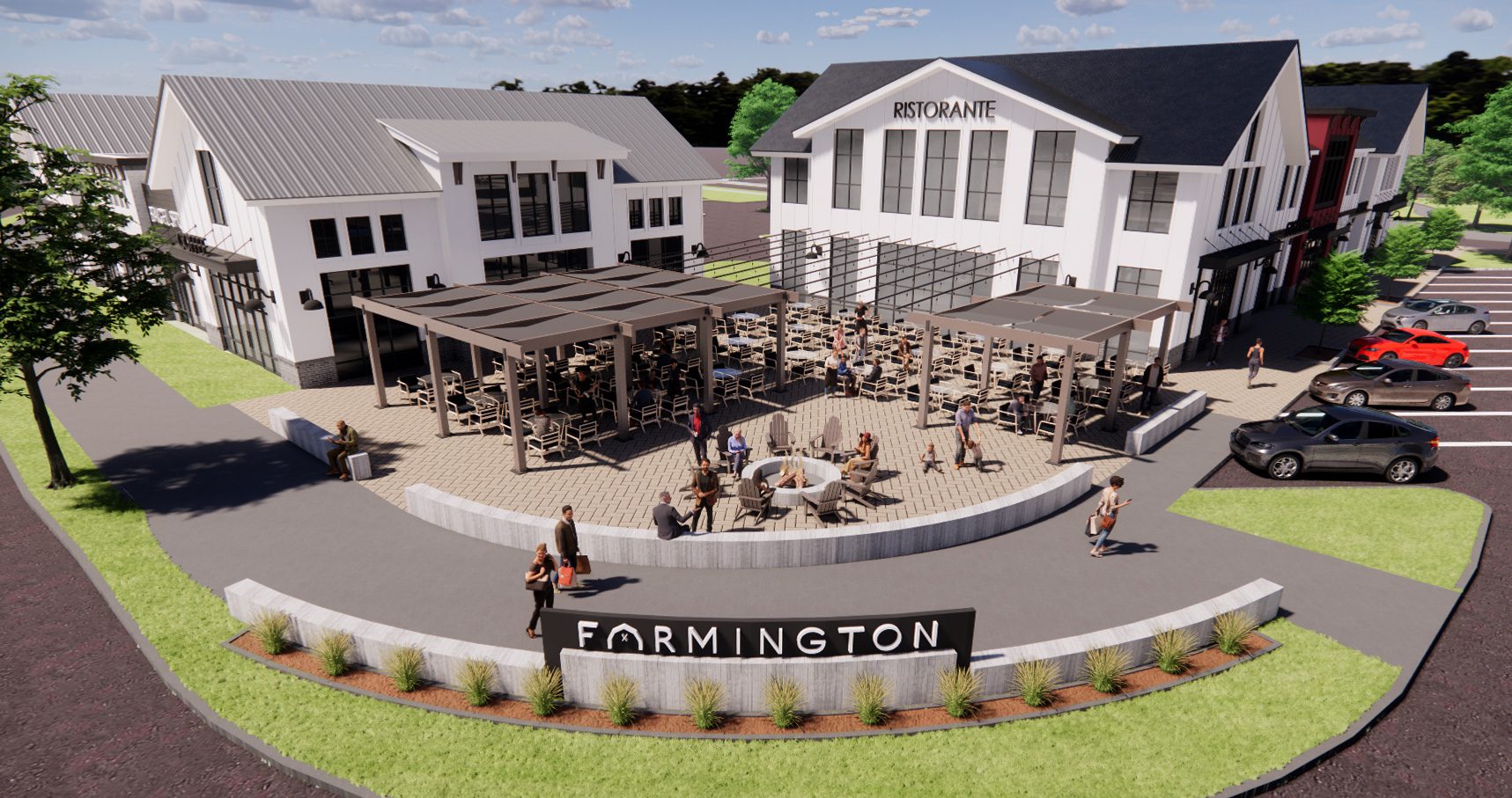 Farmington Village Center rendering white buildings with dark metal roof and people sitting in outdoor seating area