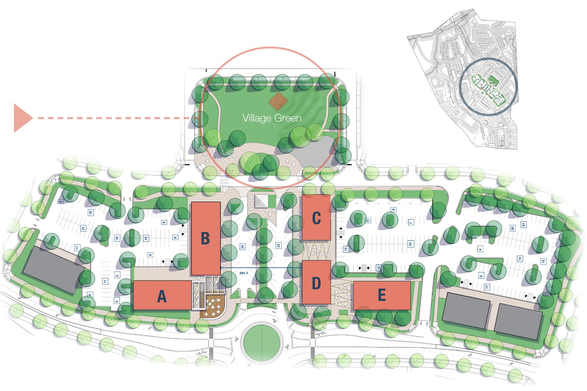 Farmington Village Center site plan with Village Green event lawn