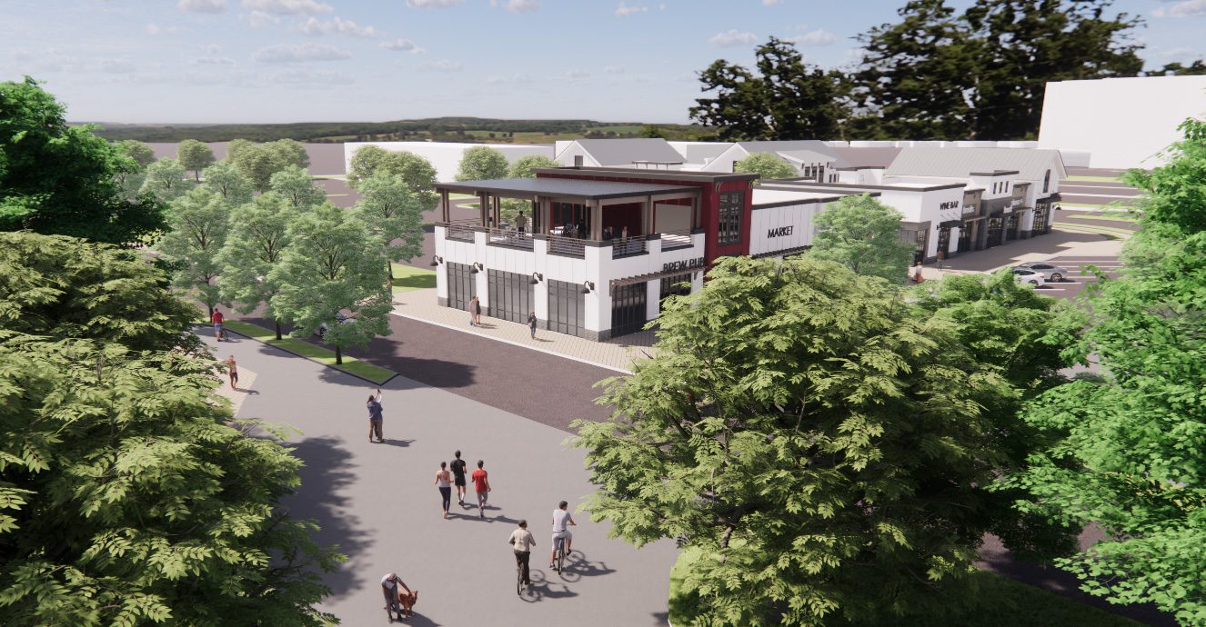 Farmington Village Center rendering white buildings with dark metal roof and people walking around