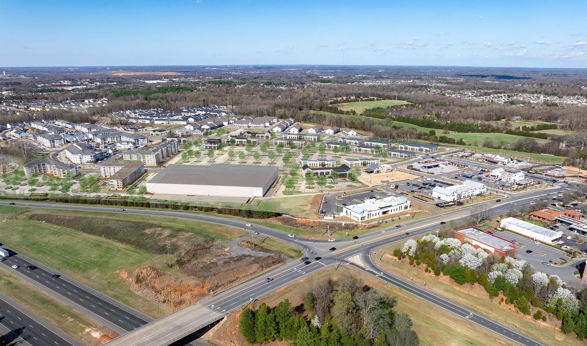 masterplan rendering overlay of Farmington aerial in Charlotte, NC and Harrisburg