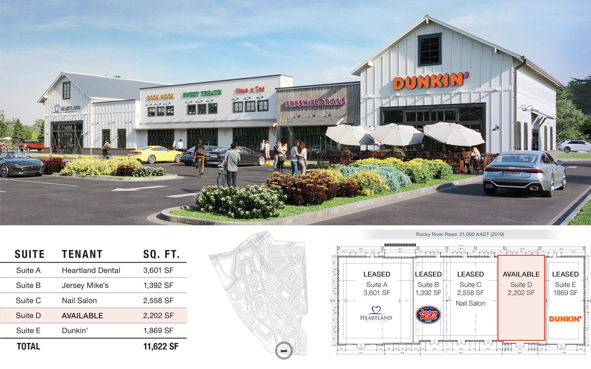 Farmington small shop building rendering and availability white washed barn style Dunkin'