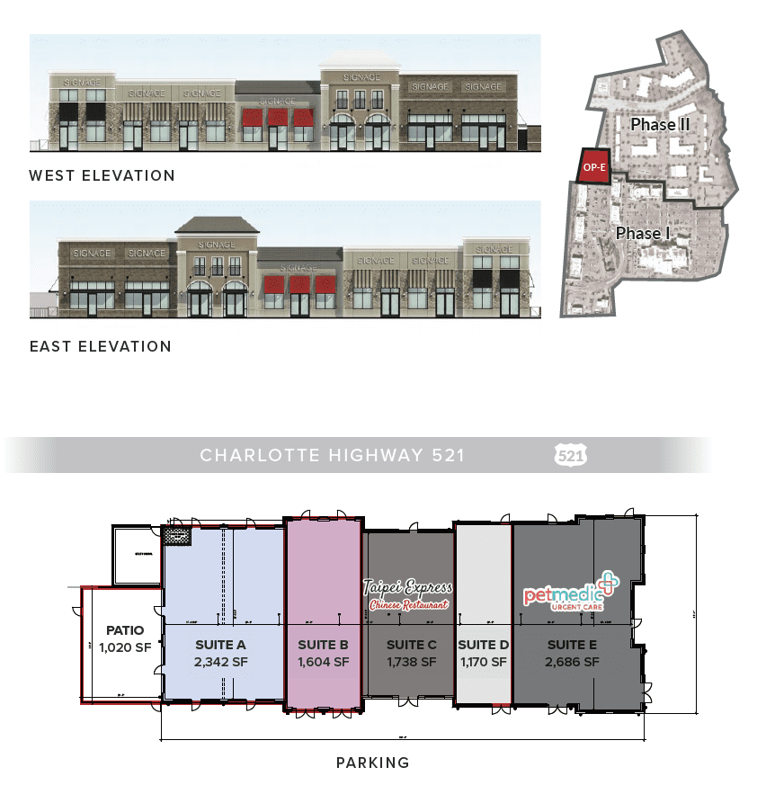 Leasing plan and building rendering for Red Stone Outparcel E Building