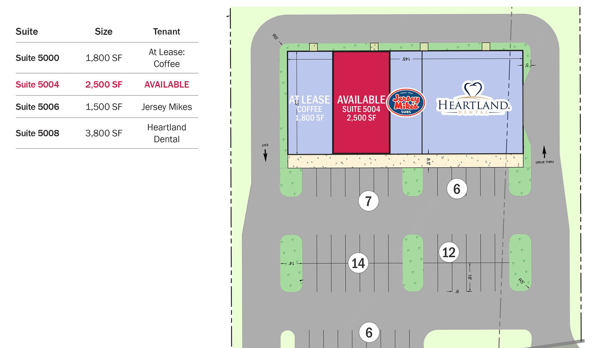 Outparcel Shop building with current tenants and available spaces.