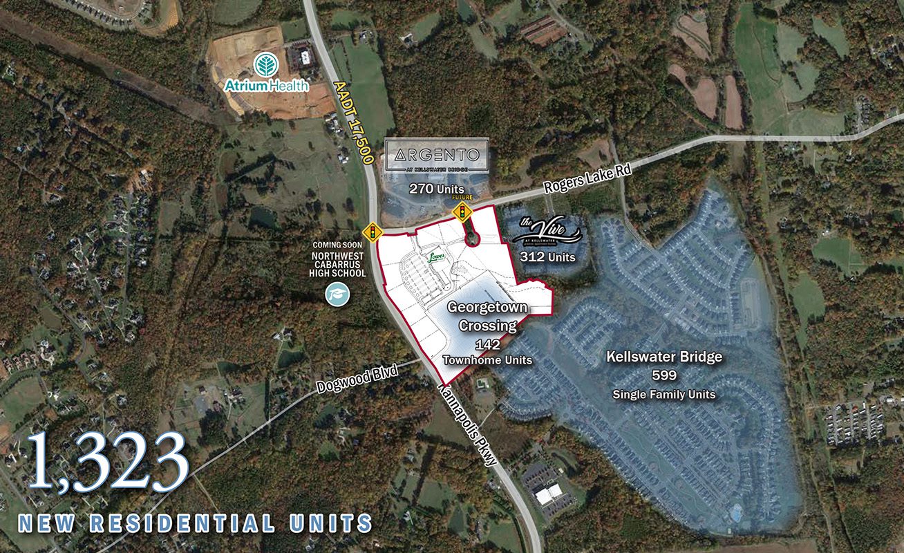 Aerial map with nearby commercial and residential activity