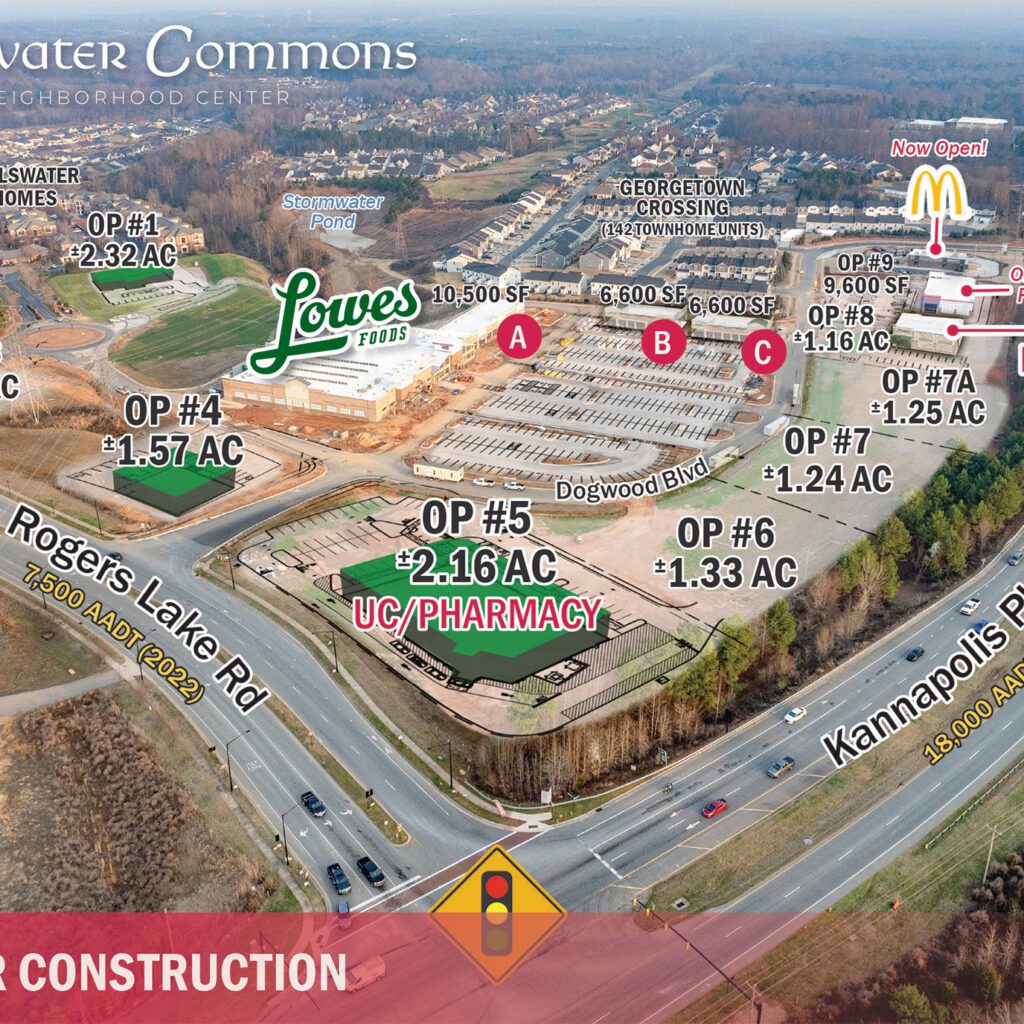 Kellswater Commons aerial with site plan overlay as of March 2026