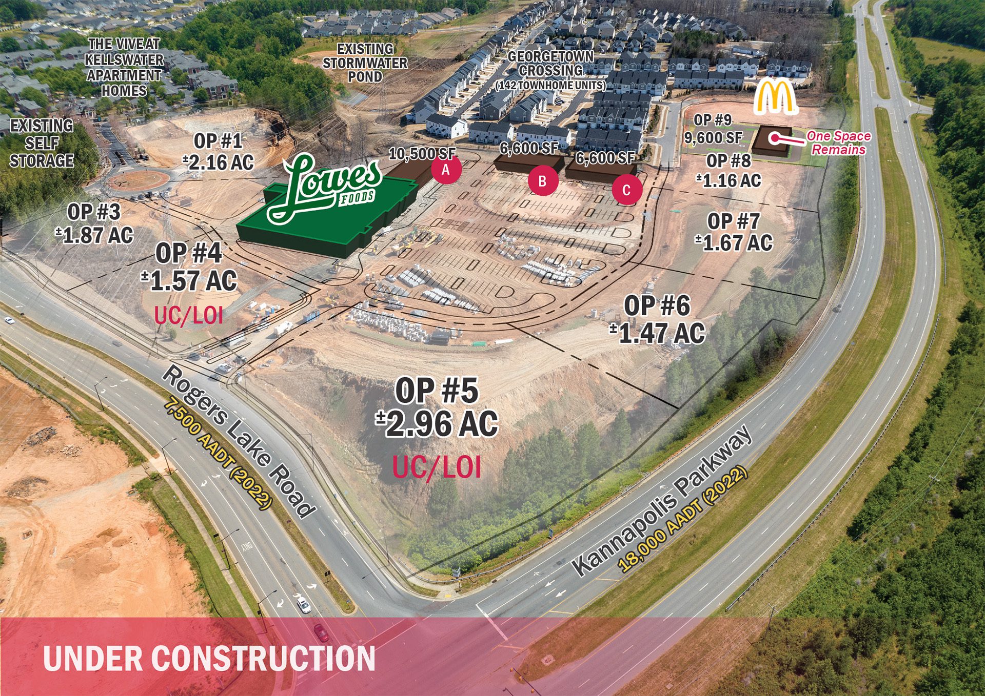 Aerial of site with site plan overlayed on top to show outparcels