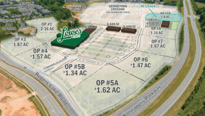 Aerial photo with outparcels labeled with acreage and 3D building graphics added for reference