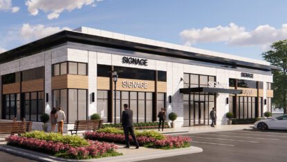 rendering of modern 1-story medical office or retail building with white brick and dark windows