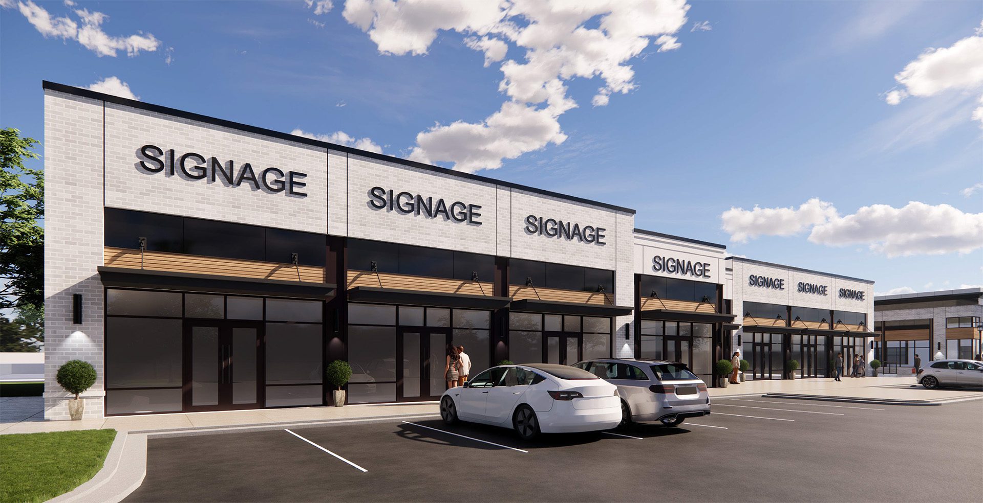 rendering of 1-story office/medical/retail building with white exterior and dark tinted windows