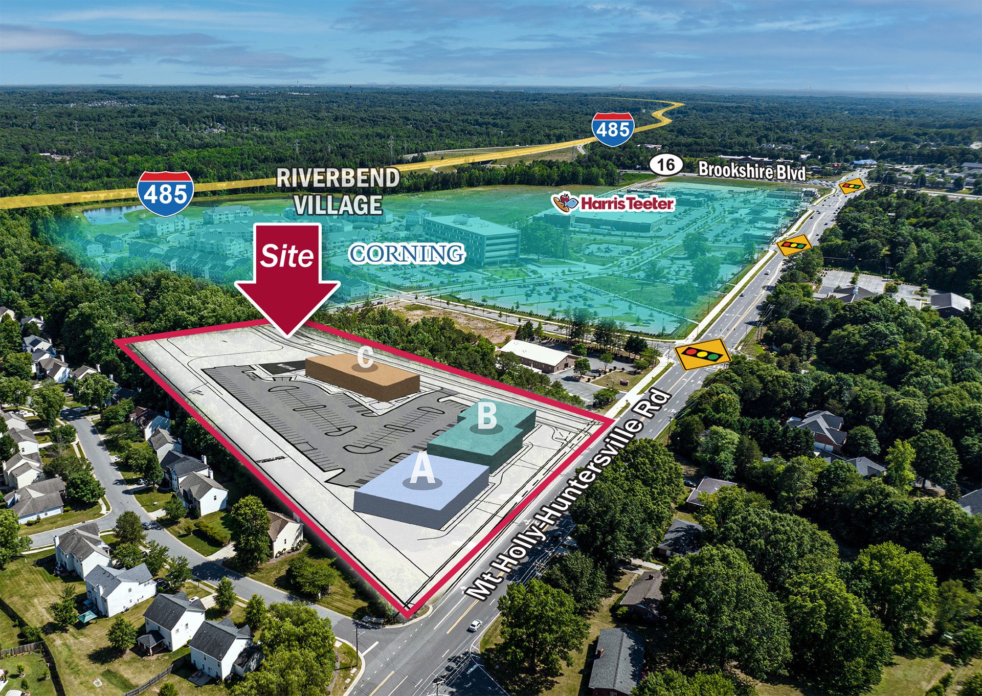 River's Edge Station aerial with site plan overlay next to Riverbend Village