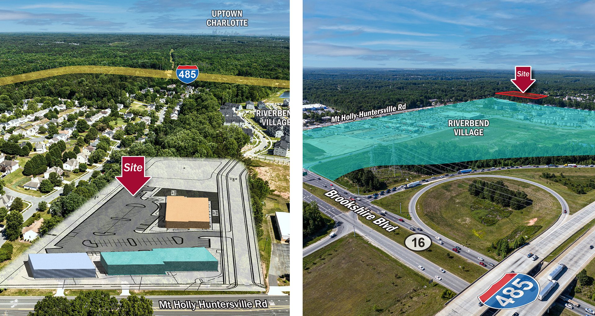 two aerial images with River's Edge Station commercial retail project overlayed