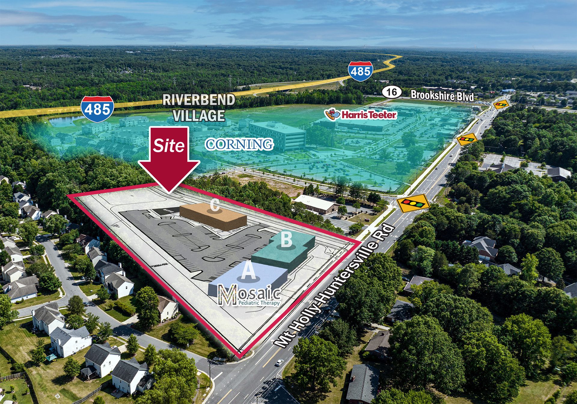 Aerial overlay of River's Edge Station with Mosaic Pediatric Therapy in building A