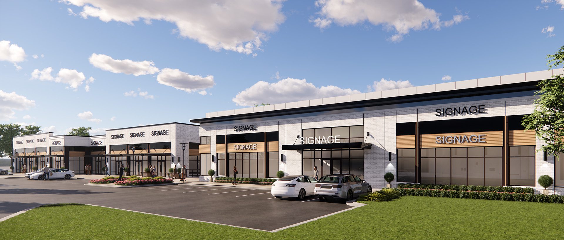 rendering of 1-story commercial buildings with white exterior and dark tinted windows