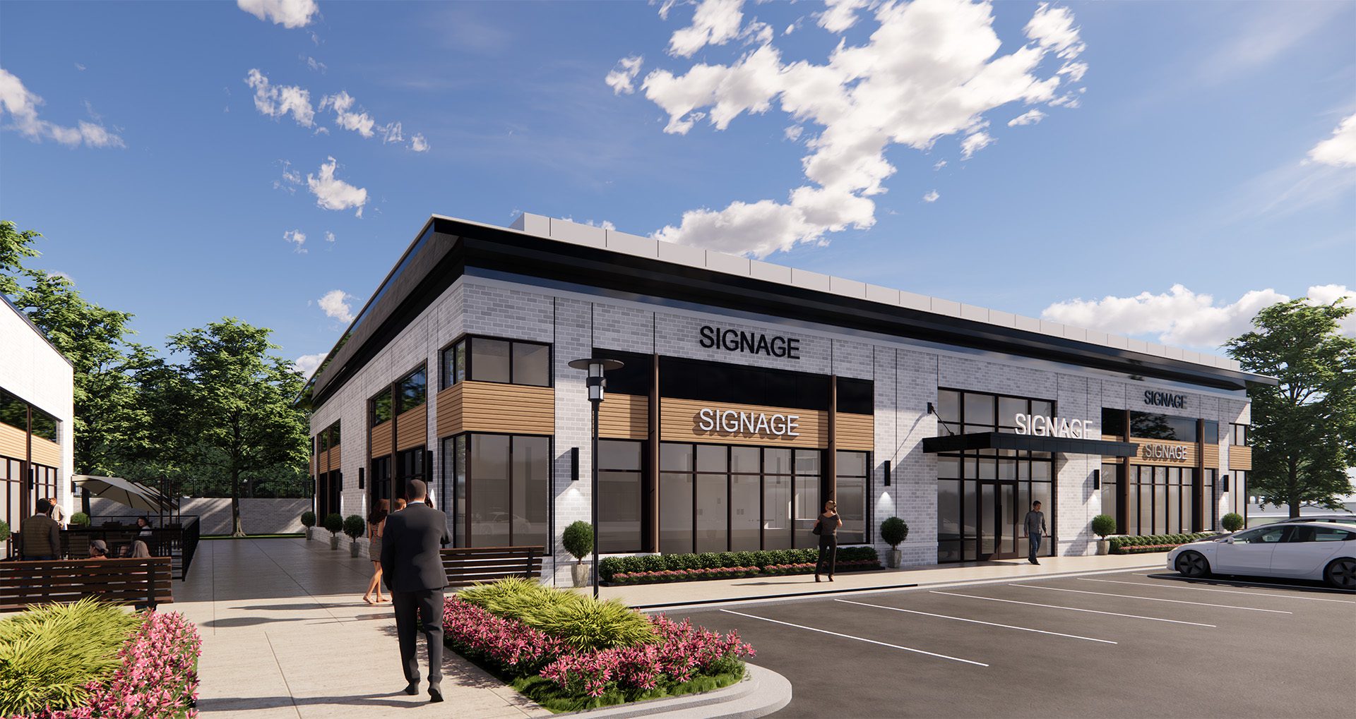 rendering of 1-story commercial building with white exterior and dark tinted windows
