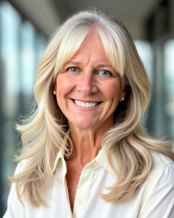 Shannon Stanley property operations middle-aged woman with flowing blonde hair in a cream blouse in an office building setting