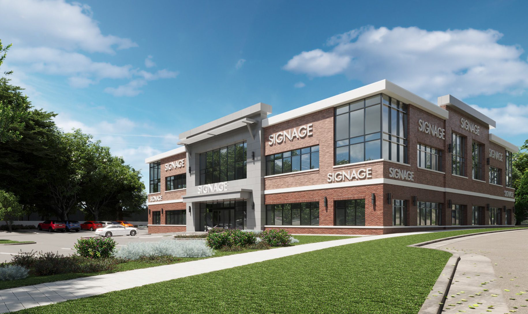 South Charlotte MOB Golf Links Dr rendering 2-story brick building with windows