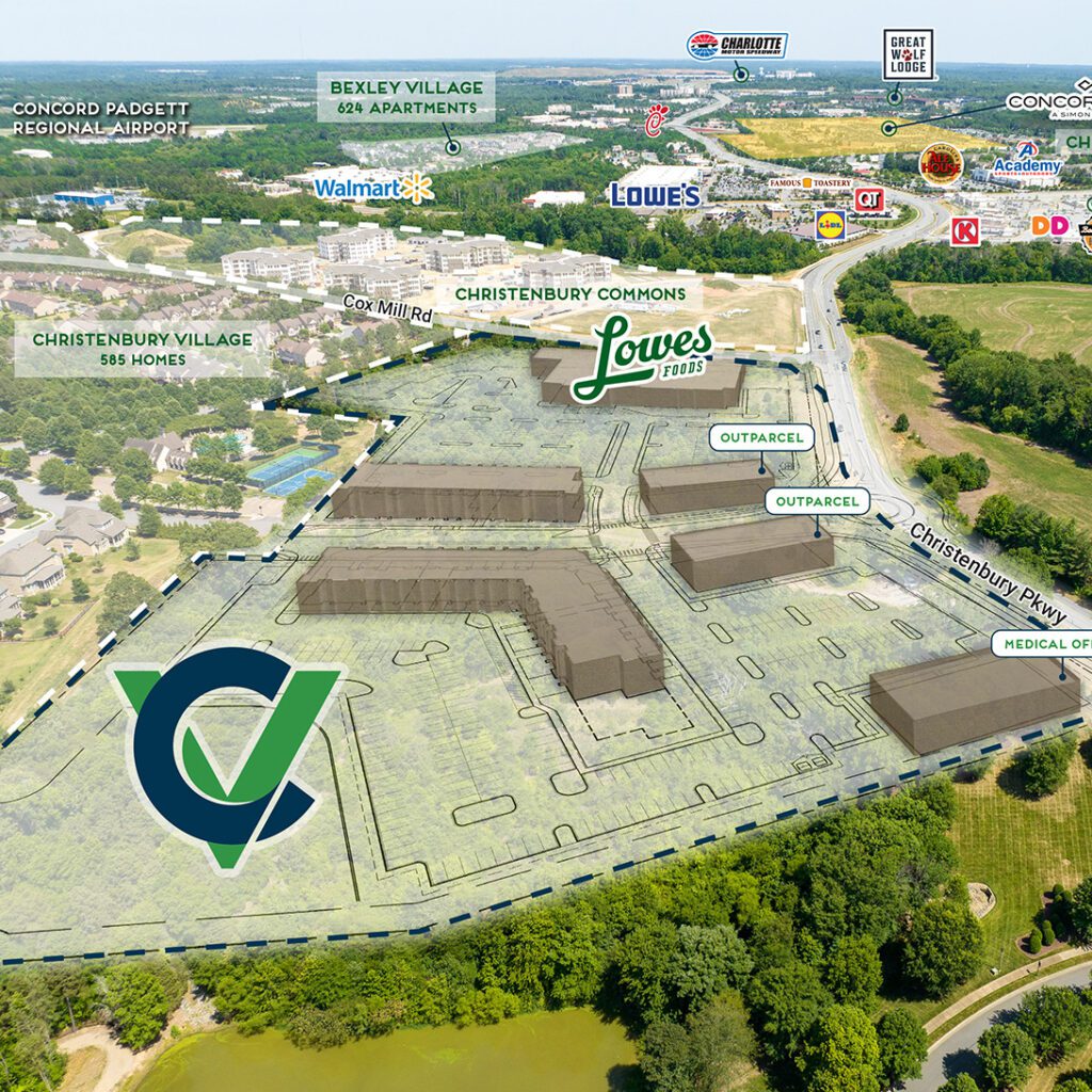 Christenbury Village master plan overlay in Concord, NC retail, office, residential and Lowes Foods