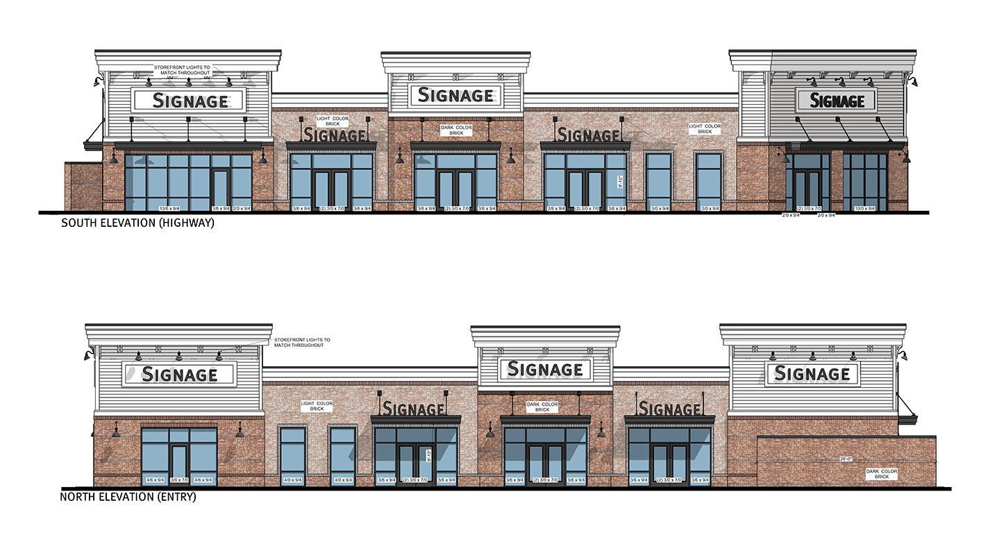 Shoppes-at-McCullough-elevation-color single-story retail building with brick and shiplap on outside