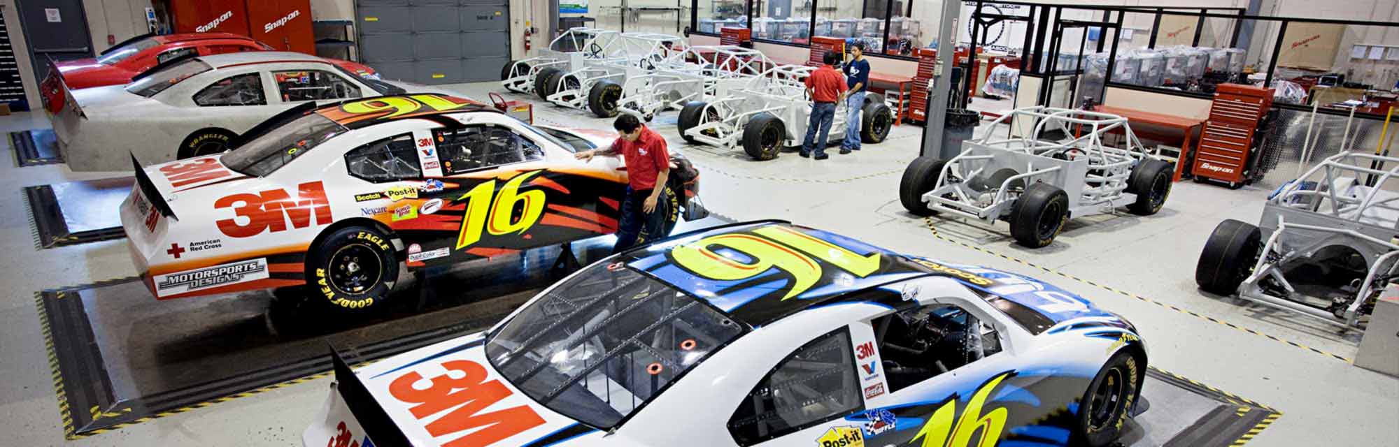 NASCAR-Technical-Institute interior garage with racecars