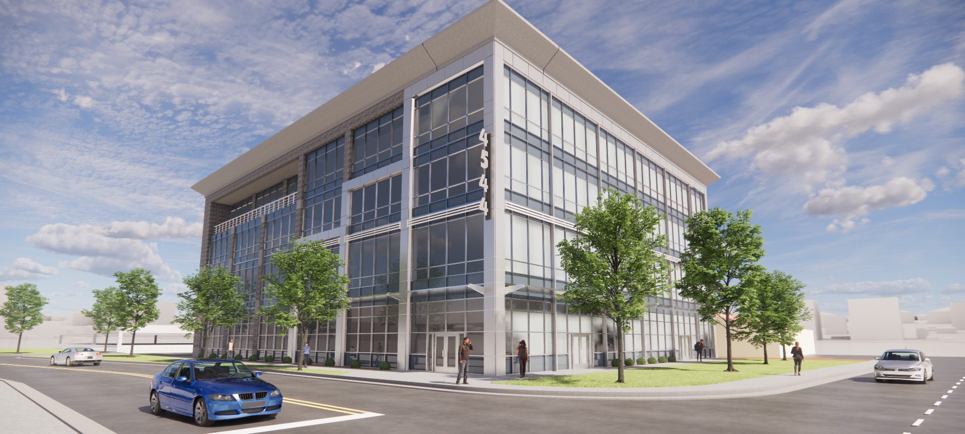 4544 South Boulevard building rendering daytime white concrete and glass windows