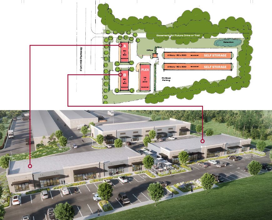 rendering of commercial retail building and site plan
