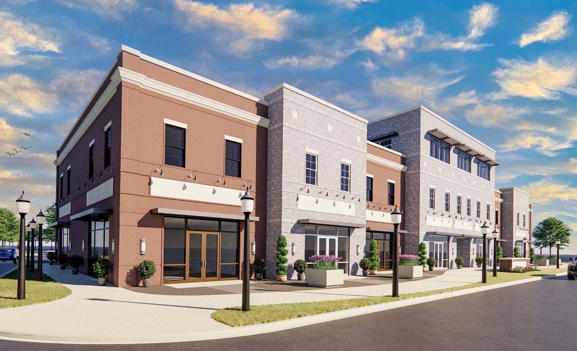 Mint Hill Mixed-Use rendering angle from ground two story red brick and concrete building