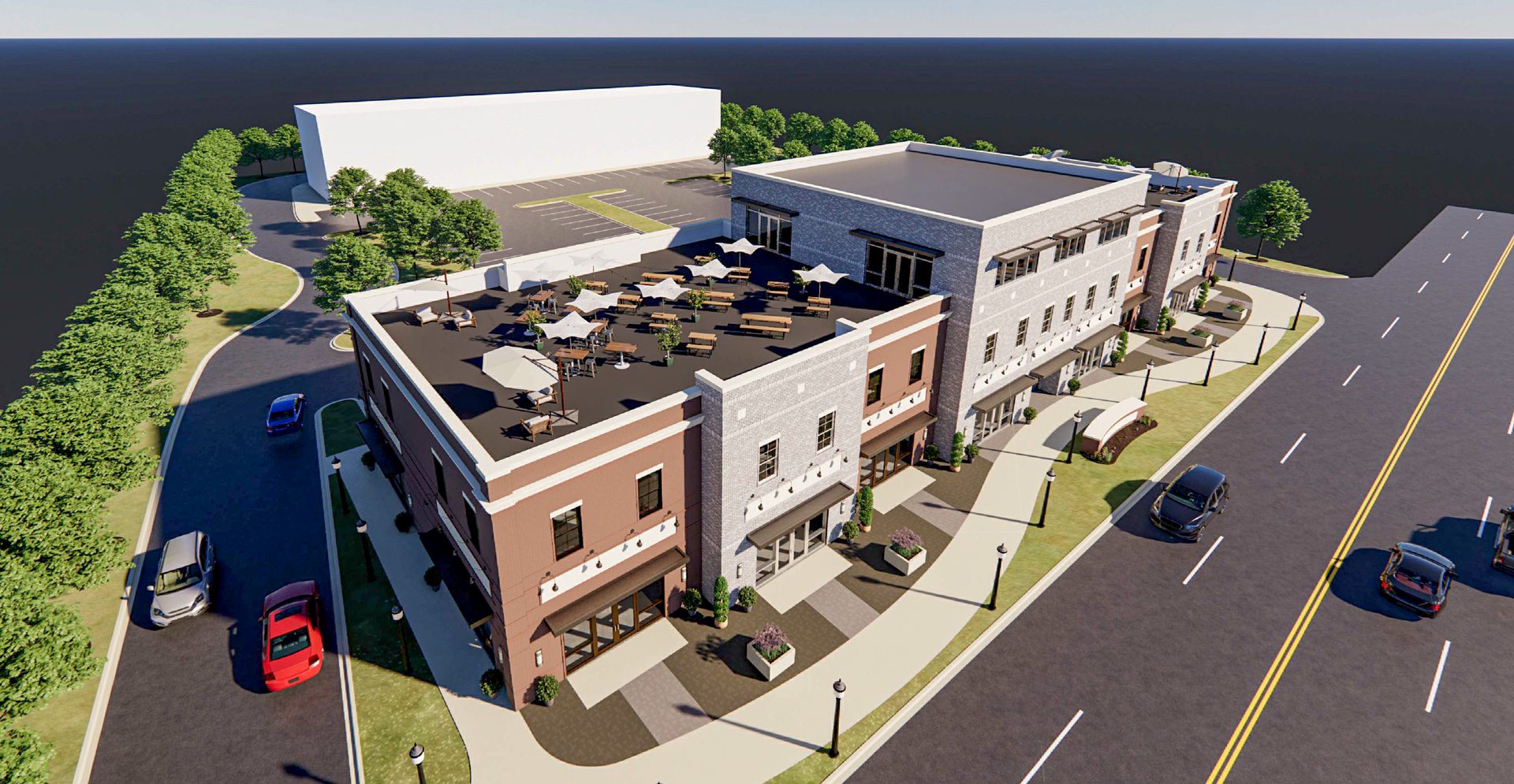 Mint Hill Mixed-Use rendering angle from air two story red brick and concrete building rooftop bar patio