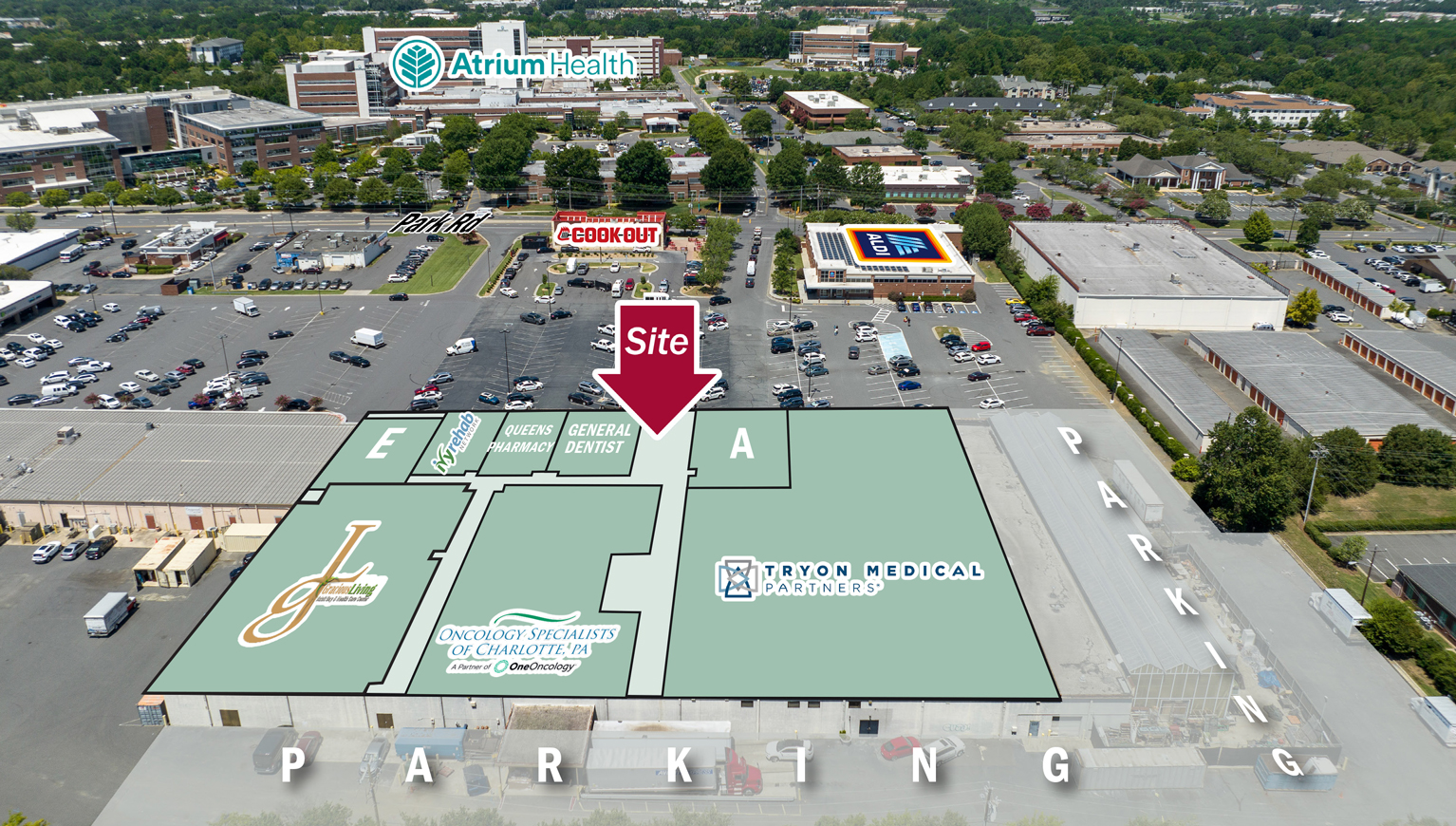 Aerial of commercial center with overlay listing tenants