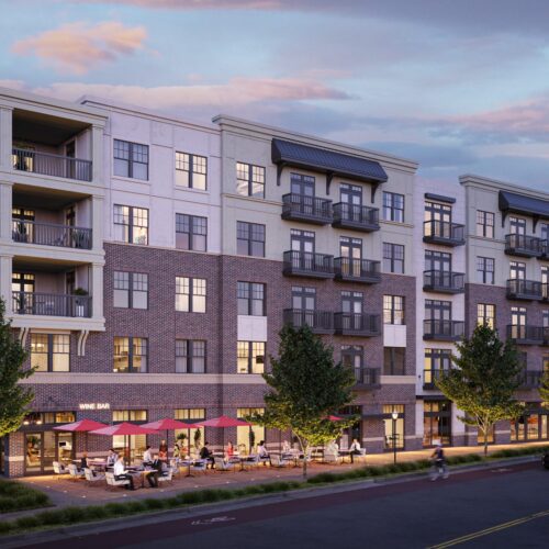 The Venue on South Main in Cornelius rendering of 5-story building at dusk with outdoor patio and residential above