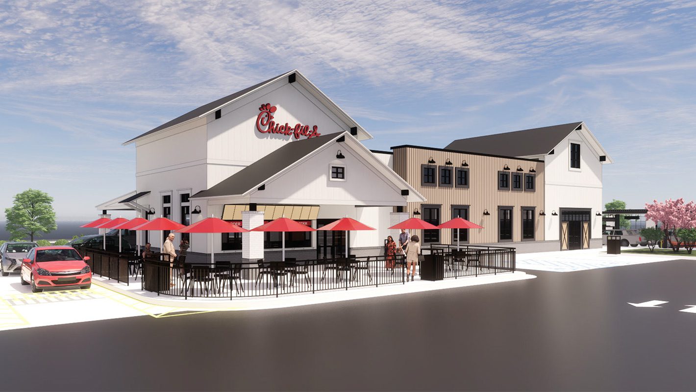 Farmington Chick-fil-A rendering white washed building with red outdoor umbrellas