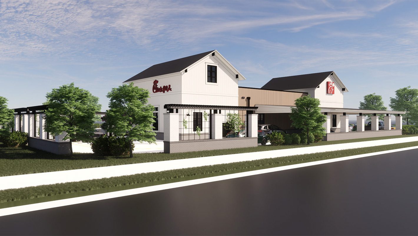 Farmington Chick-fil-A rendering white washed building with drive thru