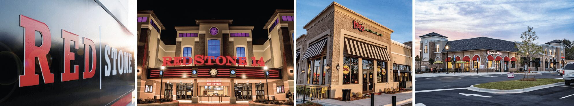 RedStone Phase I images with monument sign, Stone Theatres movie theater, Moe's and Menchie's