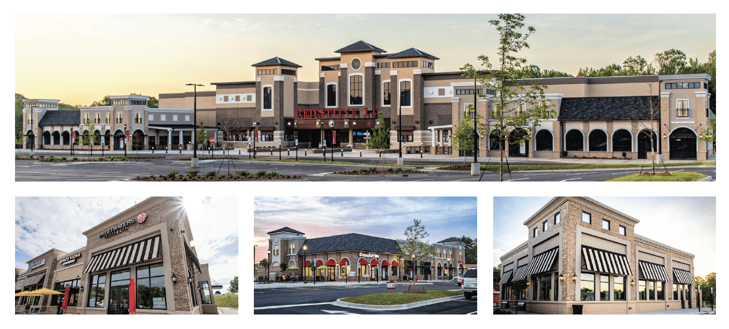 RedStone Phase I images with RedStone 14 movie theater, Sweetwaters Coffee and Menchie's