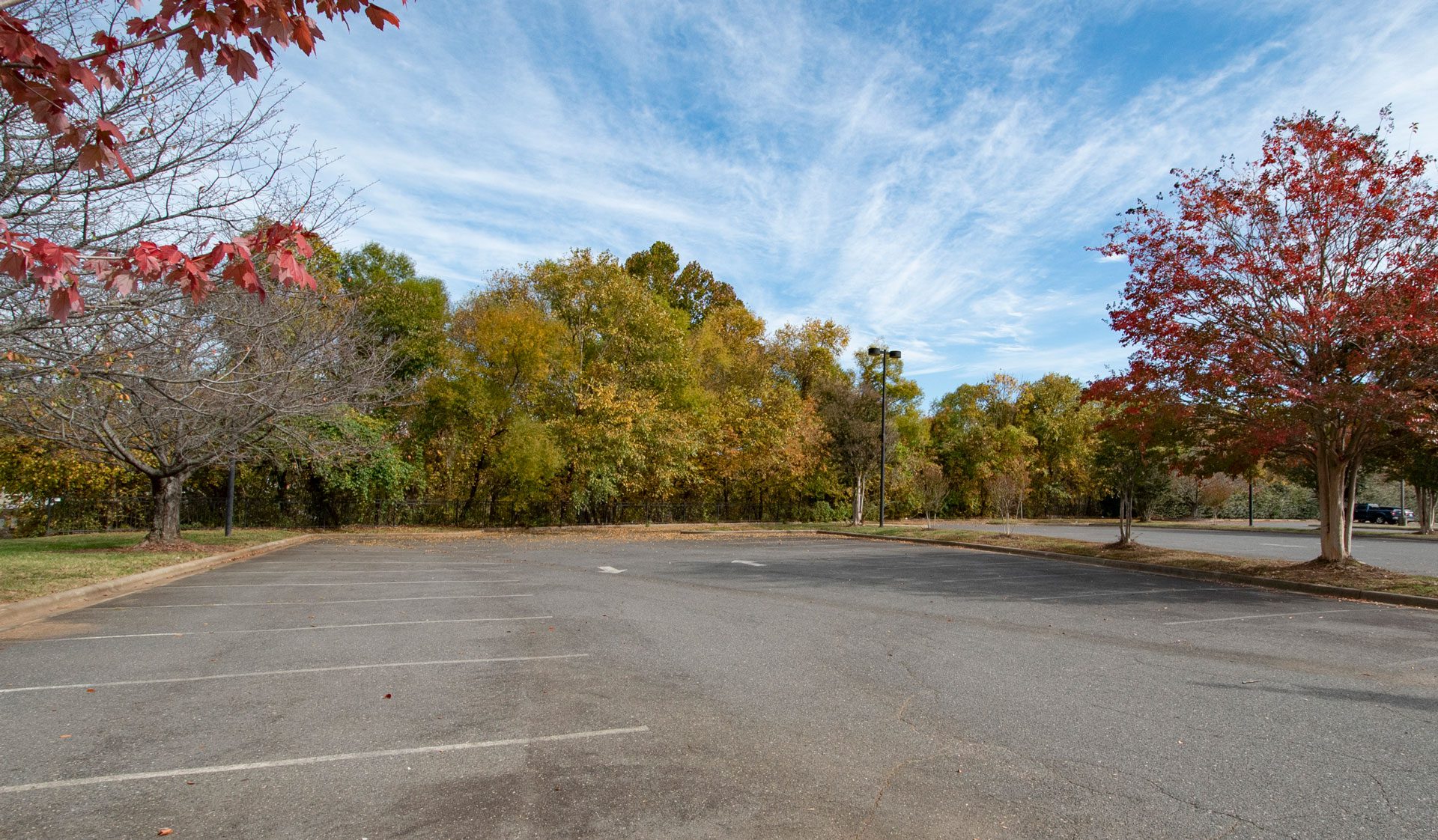 empty parking lot with fall trees surrounding perimiter