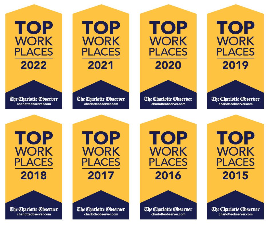 Charlotte Observer Top Workplaces awards emblems from 2015-2022