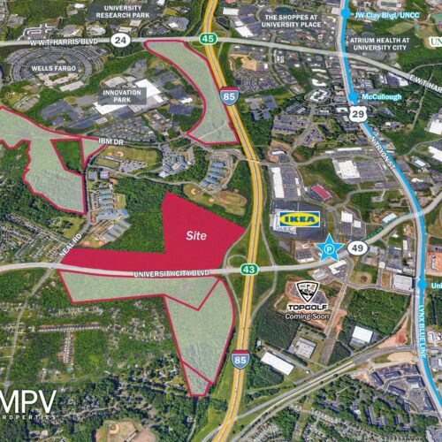 aerial of University area in Charlotte, NC with highlight land parcels