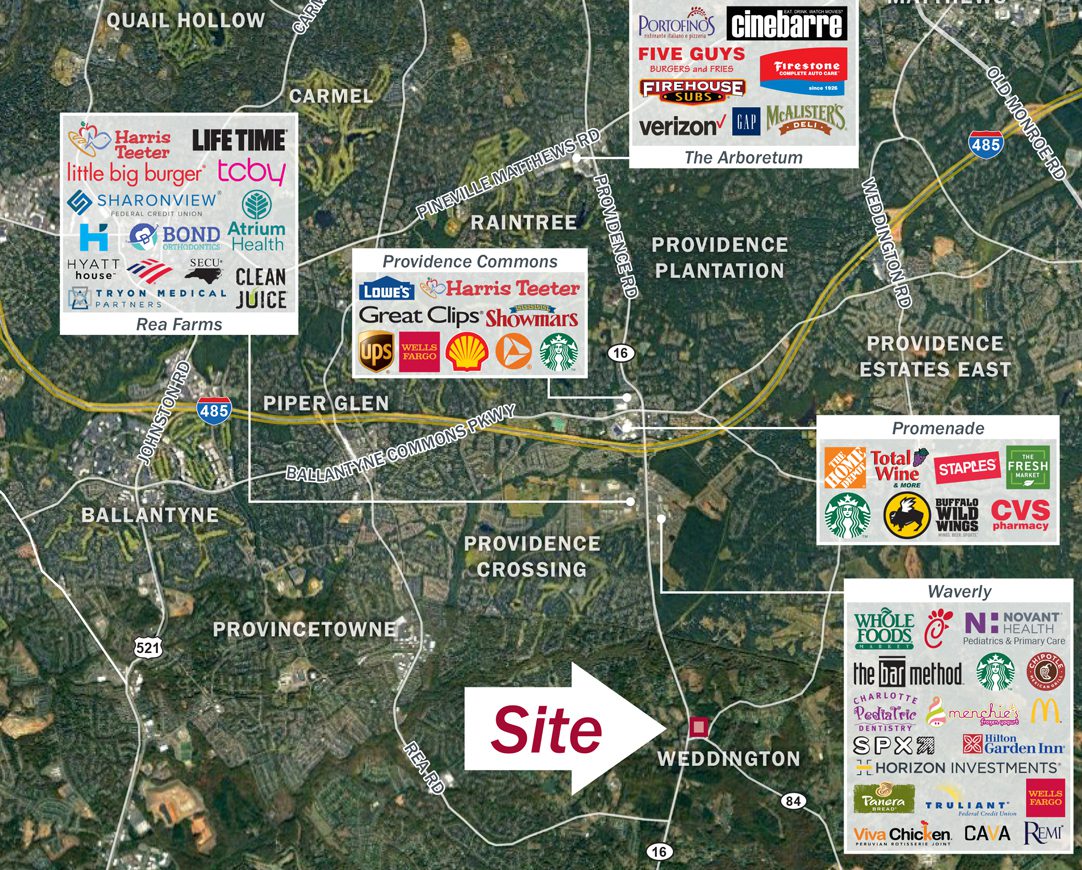 Aerial map showing local retail centers and tenants in Weddington