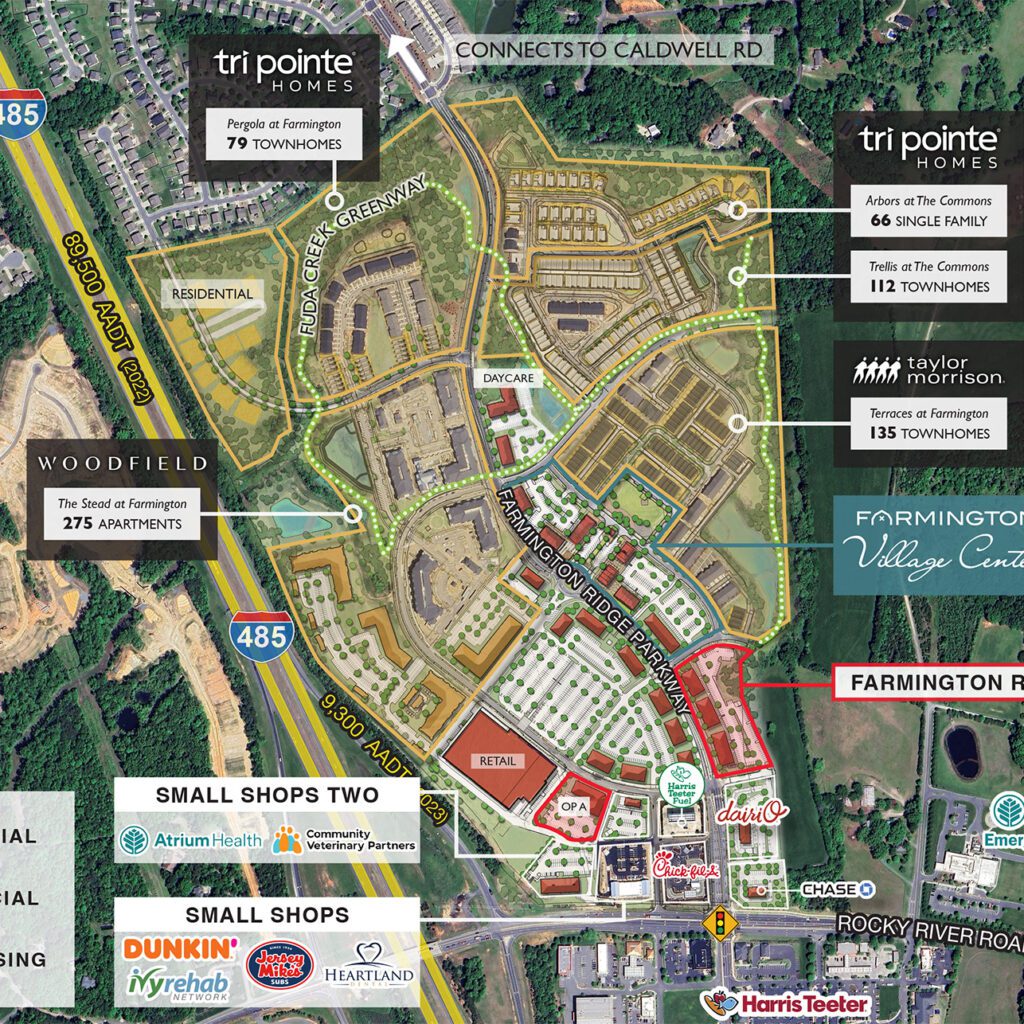 Farmington master plan aerial with retail and residential labeled