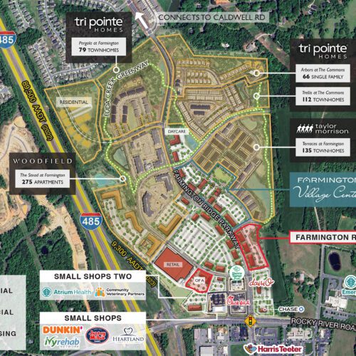 Farmington master plan aerial with retail and residential labeled