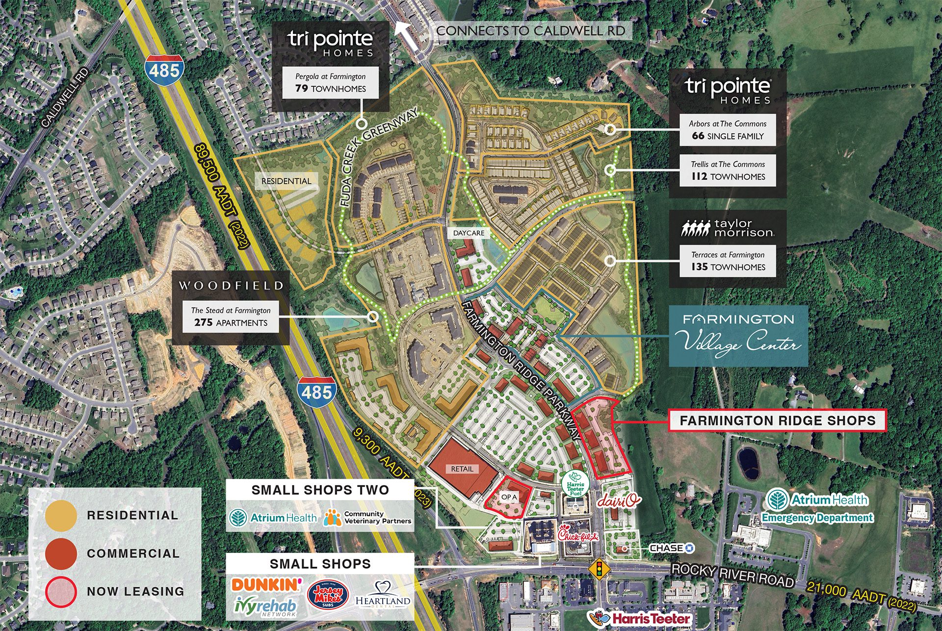 Farmington master plan aerial with retail and residential labeled