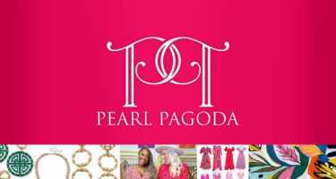 Pearl Pagoda logo and collage of images with jewelry, dresses and two women smiling