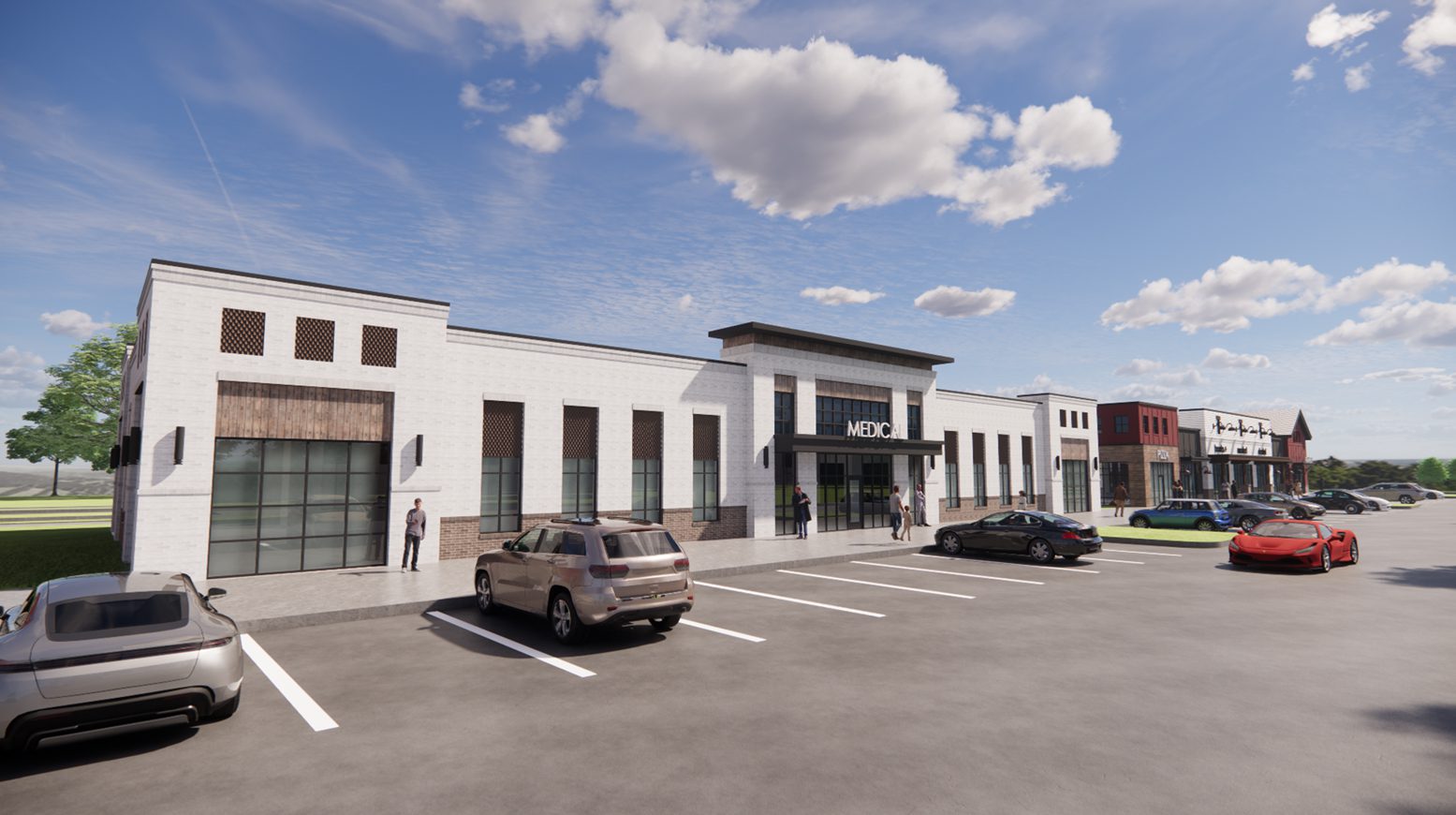 Rendering of single story commercial building in Farmington.