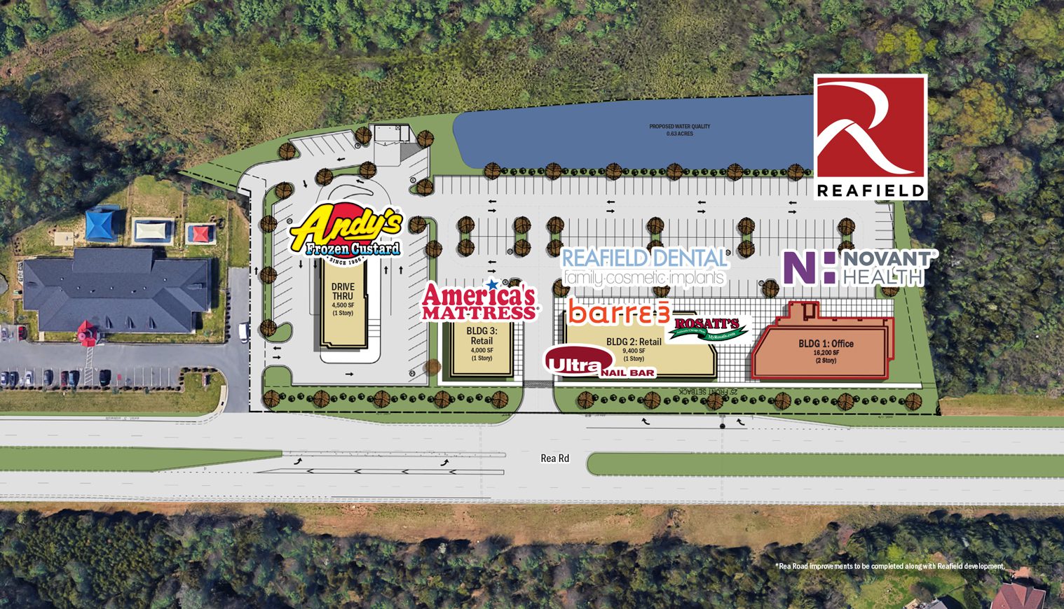 Site plan of Reafield Shopping Center and Tenants