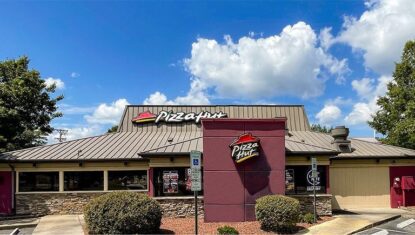 Durham Pizza Hut OM Exterior with Blue Skies
