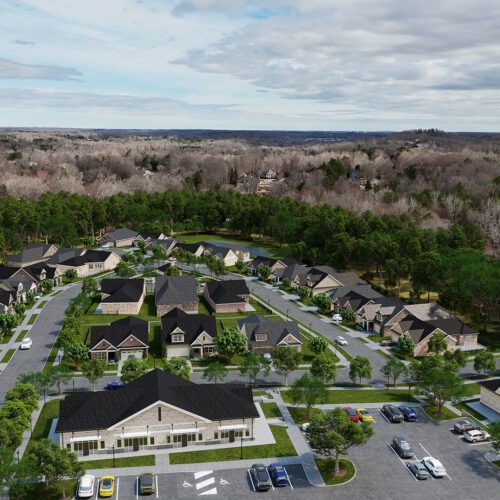 The Courtyard in Gastonia aerial with dense housing and two commercial buildings at the front for 55+