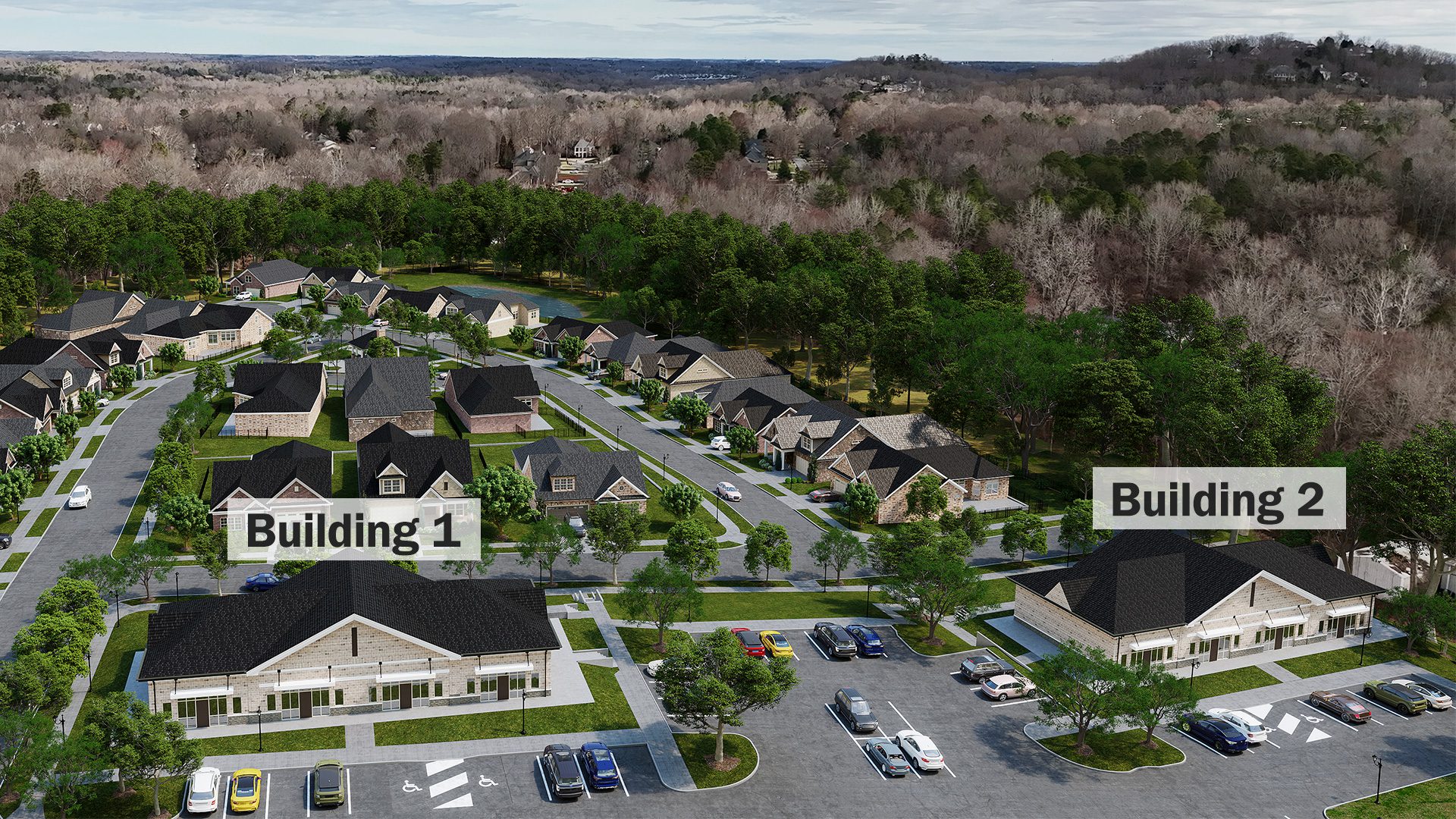 New Hope Village commercial buildings in Gastonia aerial rendering with dense housing. Building 1 and Building 2 labeled