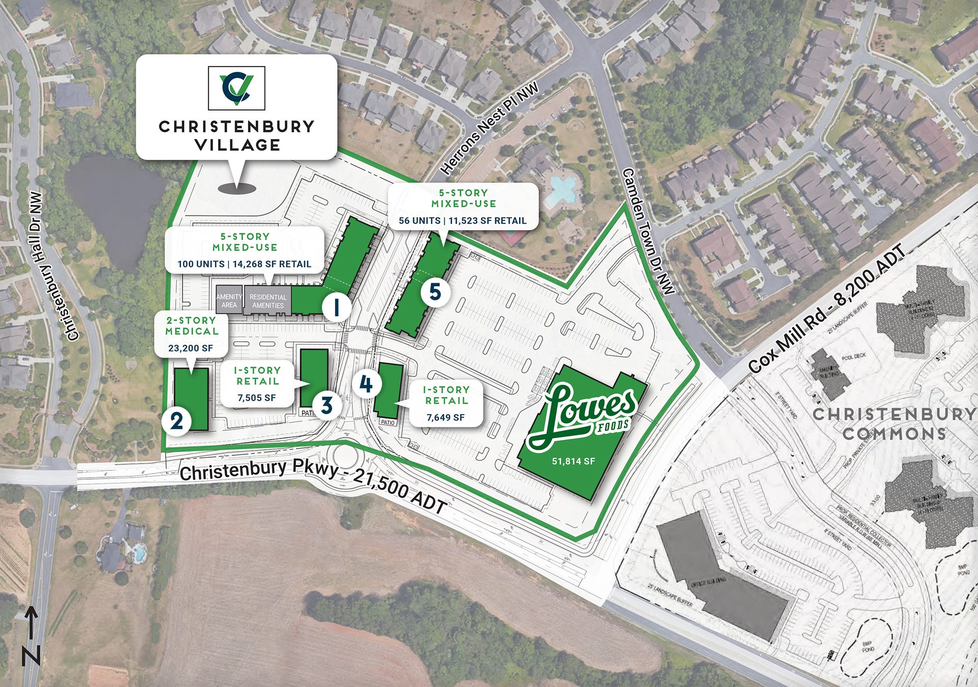Christenbury Village master plan overlay on aerial with 5 green building shapes