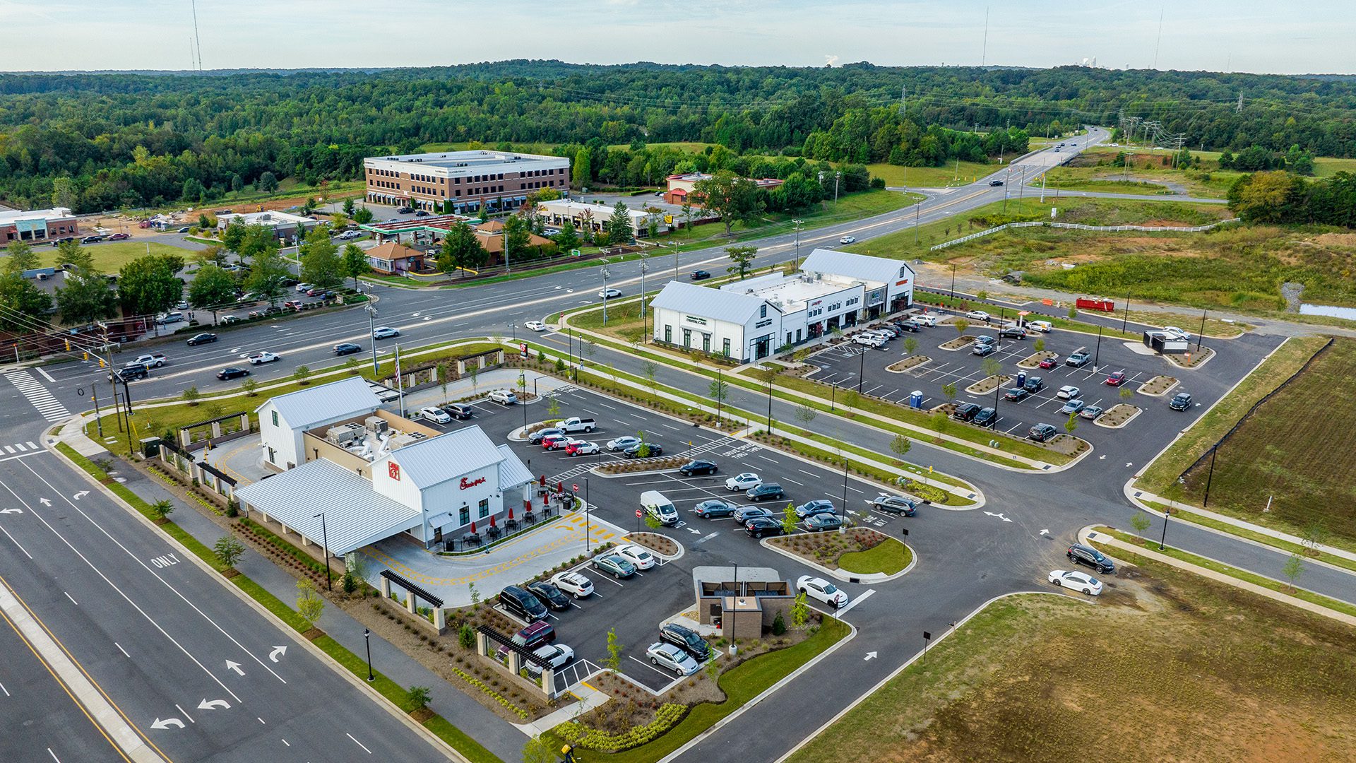 Farmington aerial with Brookdale shopping center across road from Rocky River Rd